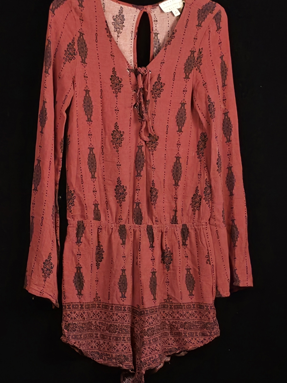 #151 Kendall + Kylie S Rust Black Boho Print Long Sleeve Romper